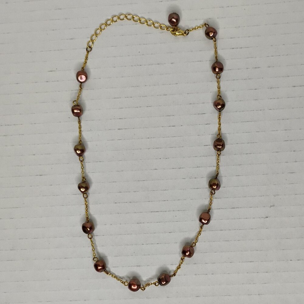 Gently Worn Iridescent Brown Bead Necklace – Gold Tone – 9.5" First Loop
